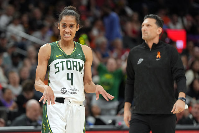 Jun 7, 2025; Phoenix, Arizona, USA; Seattle Storm guard Skylar Diggins (4) reacts fater scoring against the Seattle Storm in the second half at Footprint Center. Mandatory Credit: Rick Scuteri-Imagn Images - Source: Imagn