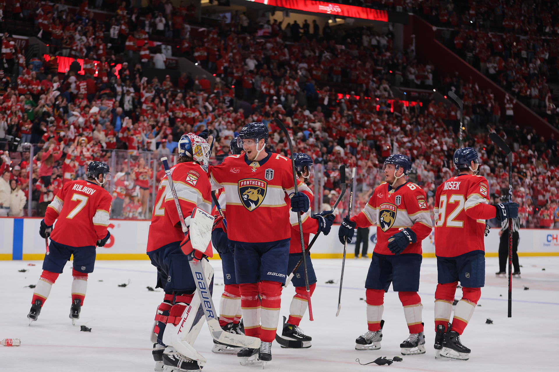Jun 9, 2025; Sunrise, Florida, USA; Florida Panthers defenseman Niko Mikkola (77) celebrates with goaltender Sergei Bobrovsky (72) after the third period in game three of the 2025 Stanley Cup Final at Amerant Bank Arena. Mandatory Credit: Sam Navarro-Imagn Images - Source: Imagn