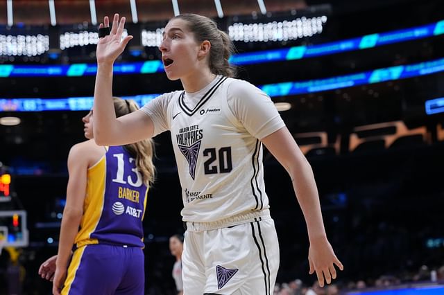Jun 9, 2025; Los Angeles, California, USA; Golden State Valkyries guard Kate Martin (20) celebrates in the second half against the LA Sparks at Crypto.com Arena. Mandatory Credit: Kirby Lee-Imagn Images - Source: Imagn