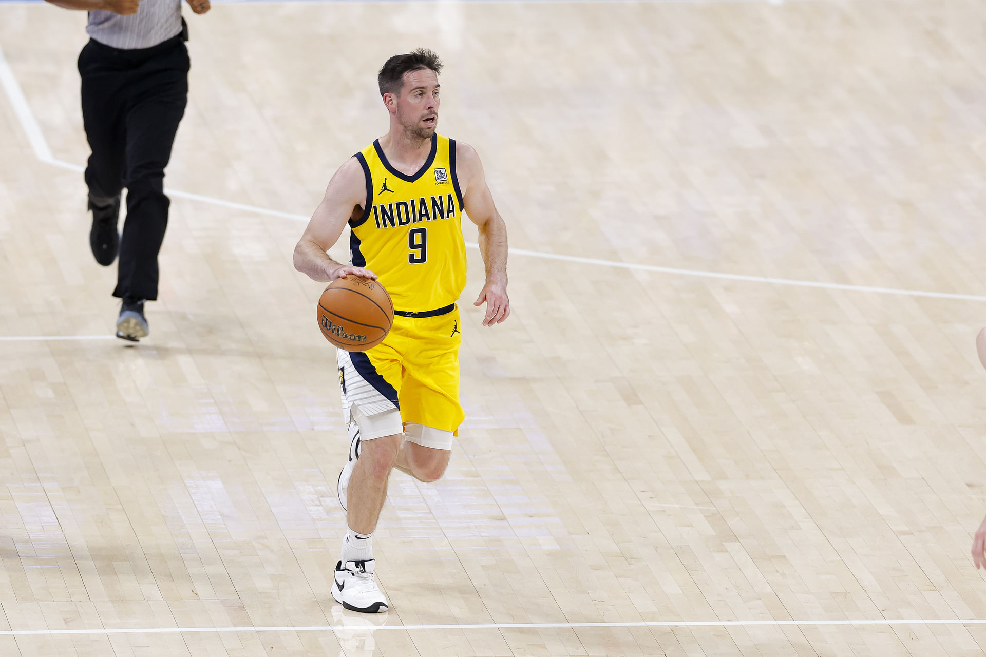 Jun 16, 2025; Oklahoma City, Oklahoma, USA; Indiana Pacers guard T.J. McConnell (9) brings the ball up court against the Oklahoma City Thunder during the fourth quarter in game five of the 2025 NBA Finals at Paycom Center. Mandatory Credit: Alonzo Adams-Imagn Images - Source: Imagn
