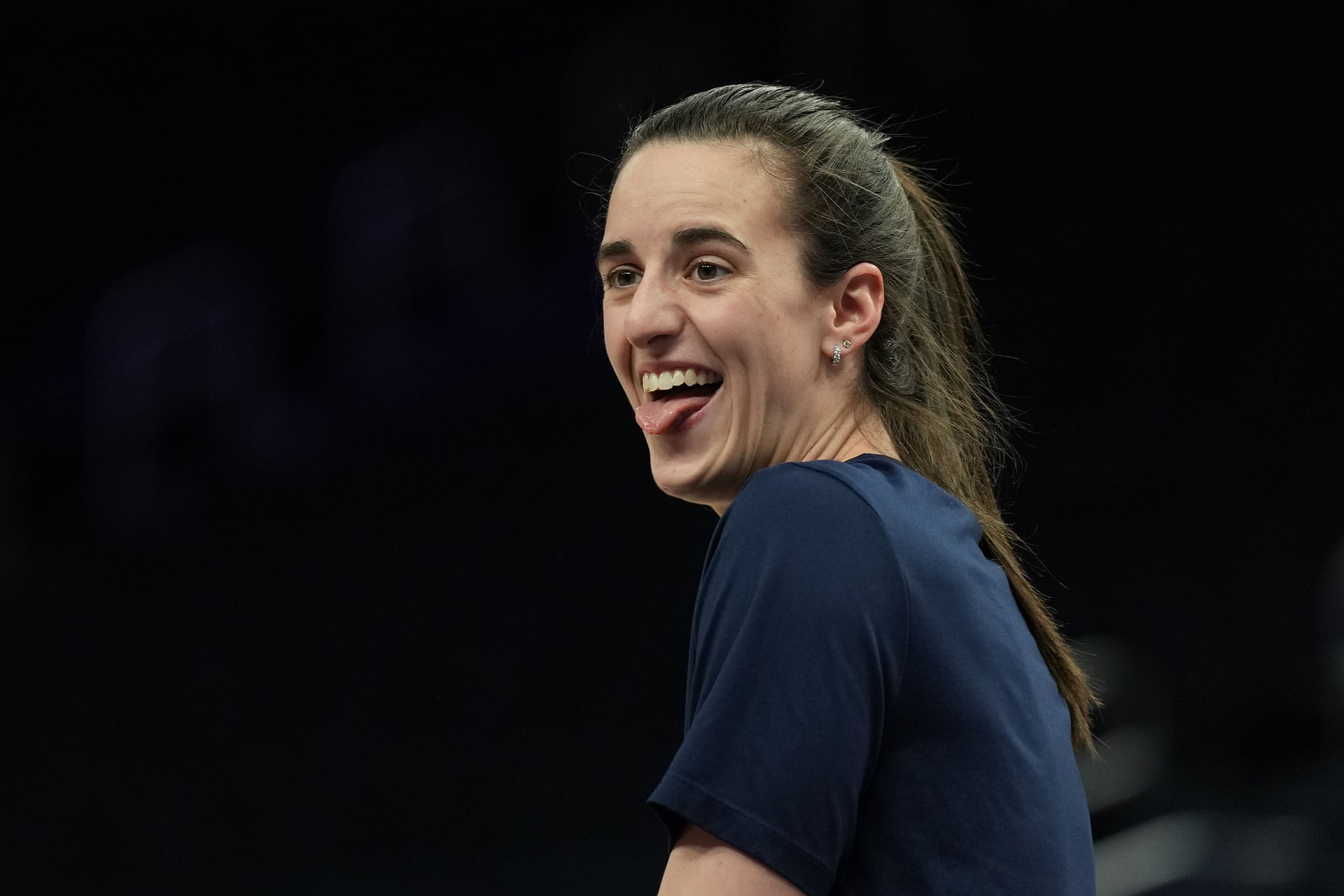 Jun 19, 2025; San Francisco, California, USA; Indiana Fever guard Caitlin Clark (22) gestures before the game against the Golden State Valkyries at Chase Center. Mandatory Credit: Darren Yamashita-Imagn Images - Source: Imagn