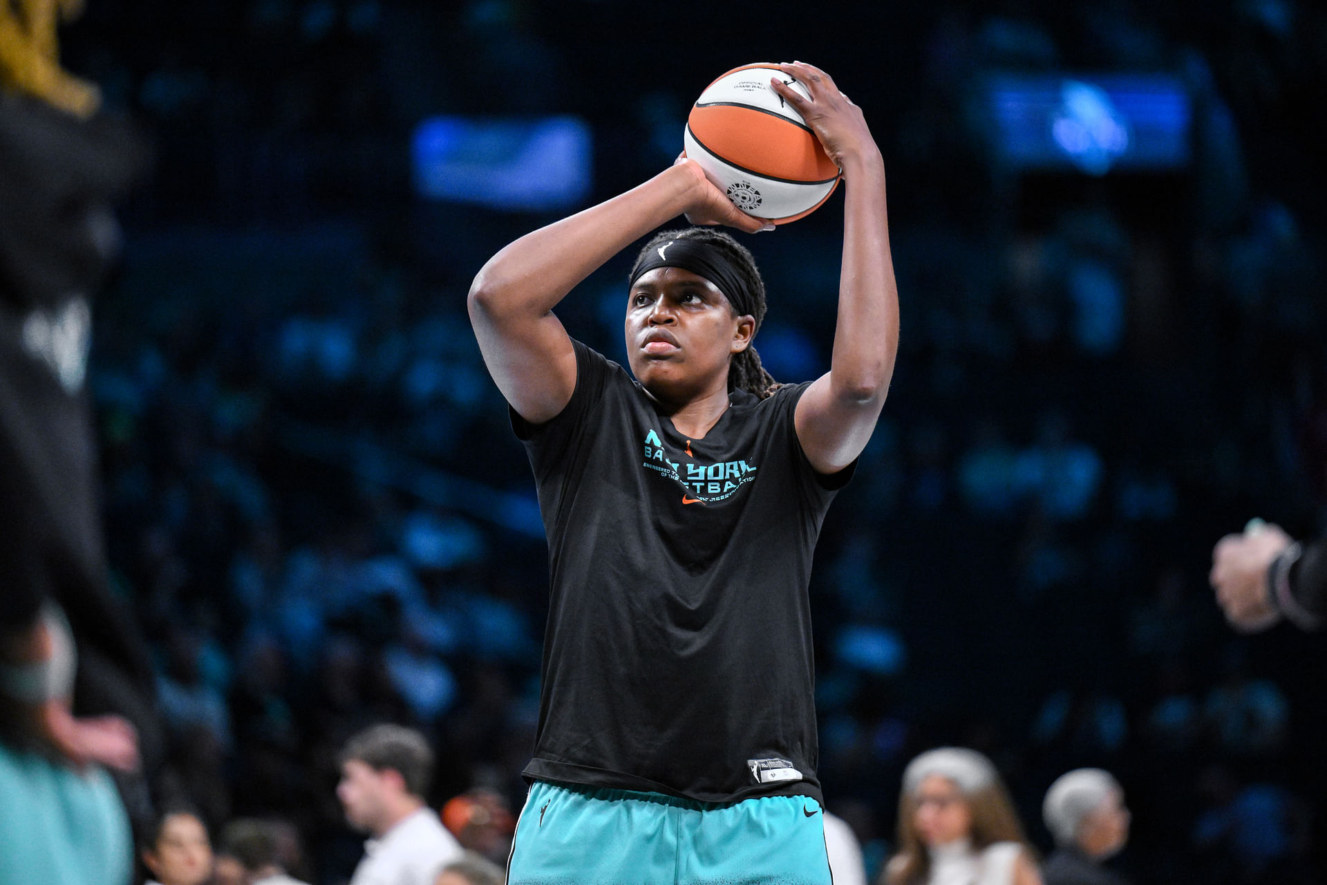 Jun 19, 2025; Brooklyn, New York, USA; New York Liberty center Jonquel Jones (35) warms up before a game against the Phoenix Mercury at Barclays Center. Mandatory Credit: John Jones-Imagn Images - Source: Imagn