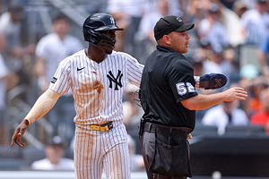 WATCH: Jazz Chisholm Jr. held back by Jasson Dominguez after getting ejected for arguing with umpire