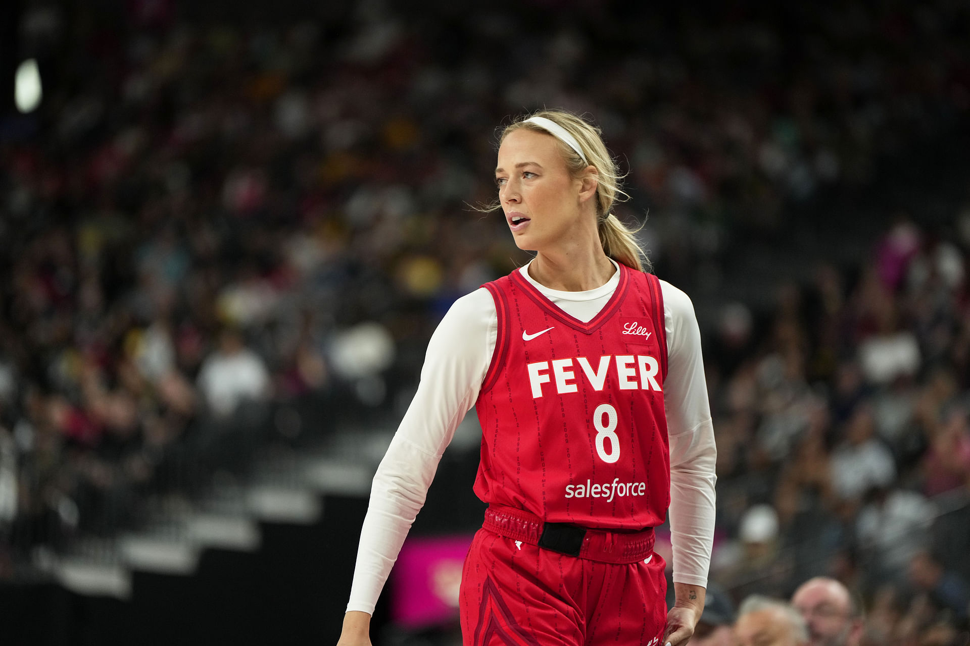 Jun 22, 2025; Las Vegas, Nevada, USA; Indiana Fever guard Sophie Cunningham (8) during the first half of a WNBA basketball game against the Las Vegas Aces at T-Mobile Arena. Mandatory Credit: Lucas Peltier-Imagn Images - Source: Imagn