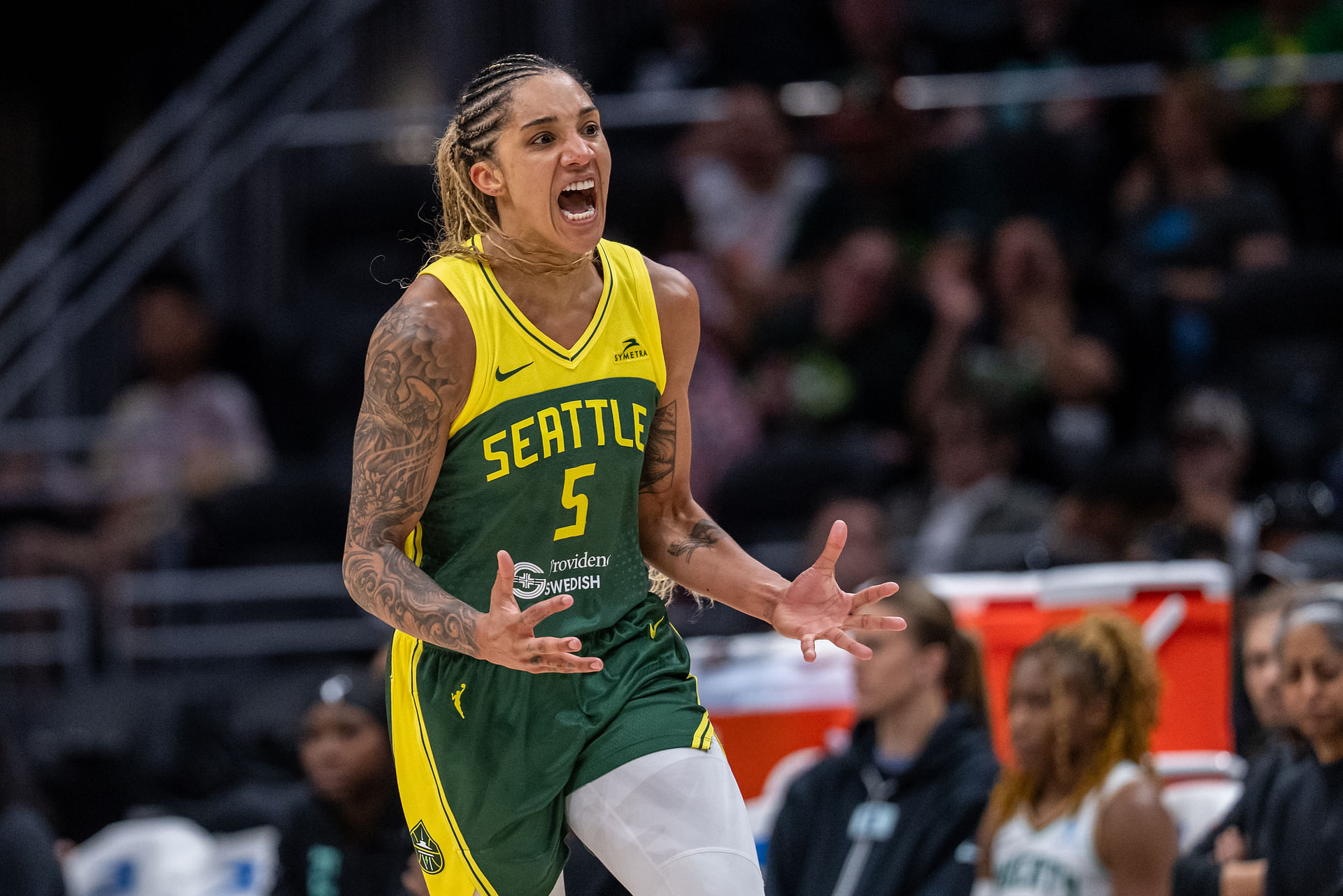 Jun 22, 2025; Seattle, Washington, USA; Seattle Storm forward Gabby Williams (5) celebrates during the second half against the New York Liberty at Climate Pledge Arena. Mandatory Credit: Stephen Brashear-Imagn Images - Source: Imagn