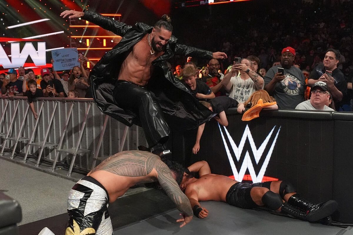 WWE superstar Seth Rollins delivering a Curb Stomp to Jey Uso on June 2 edition of Monday Night RAW. [Photo credit: WWE.com]