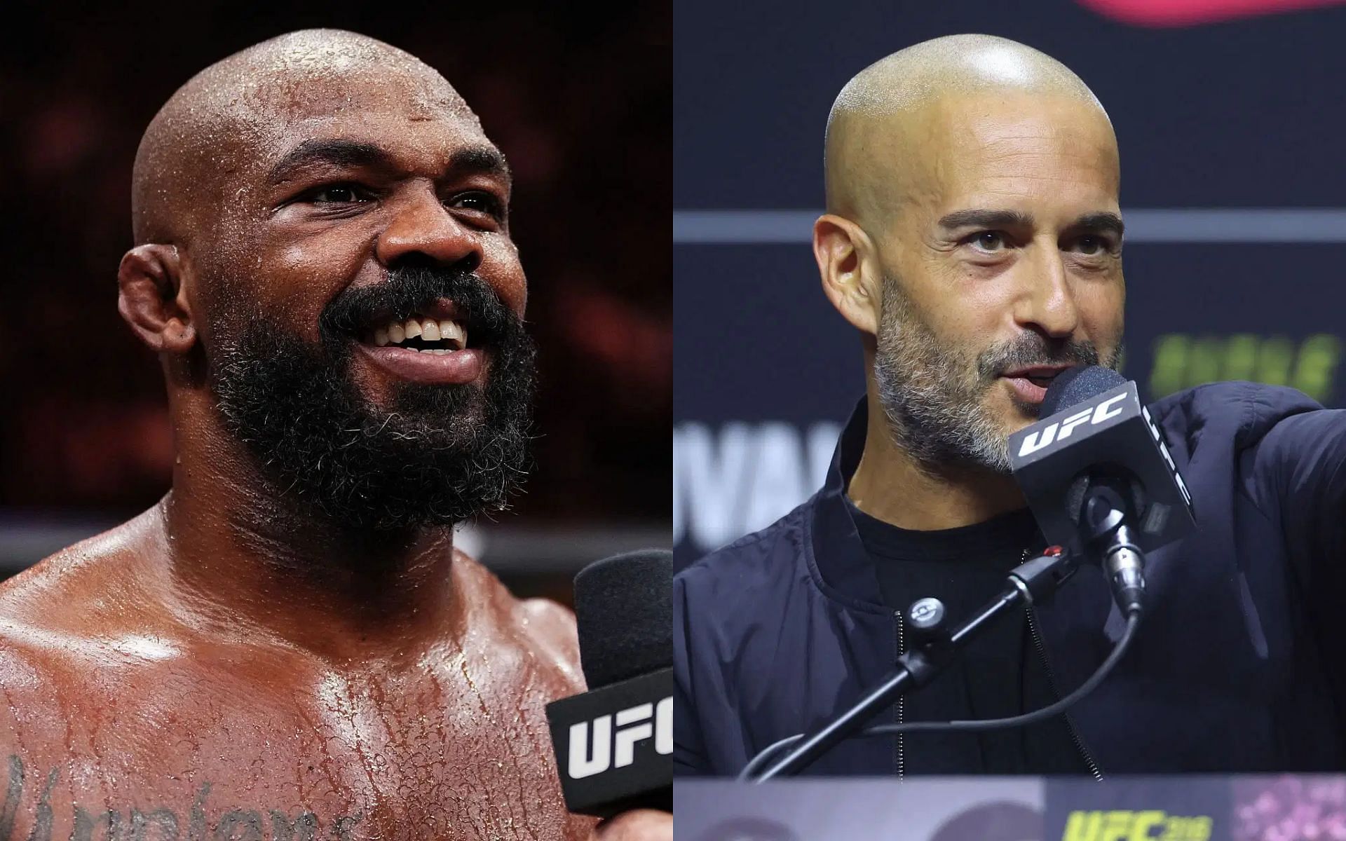 Jon Anik (right) pens heartfelt message to Jon Jones (left) following his retirement. [Images courtesy: Getty Images]