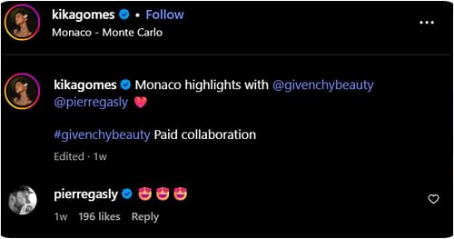 Pierre Gasly reacted after his girlfriend shared her highlight from the Monaco Grand Prix. Image: @kikagomes via Instagram