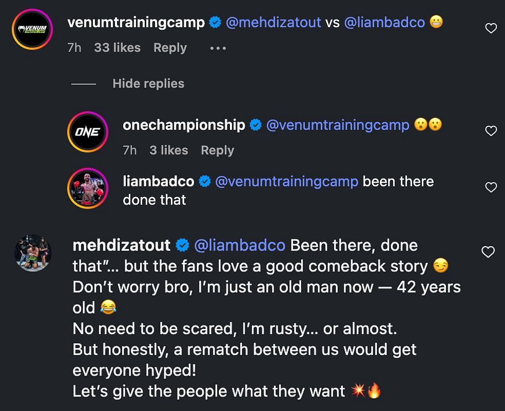 Liam Harrison and Mehdi Zatout&#039;s comments. [Photo grabbed from ONE Championship&#039;s Instagram]