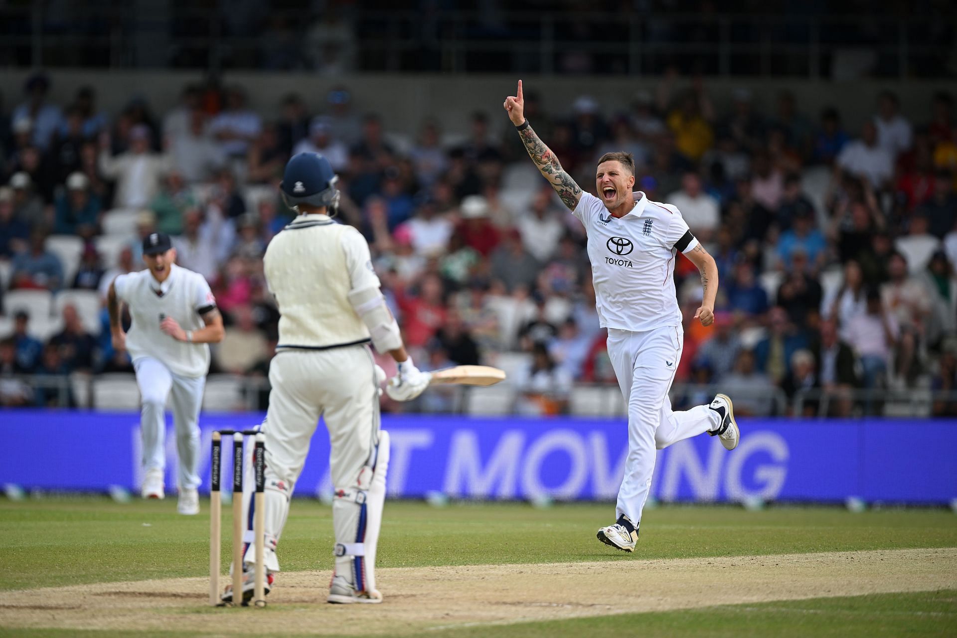 Brydon Carse celebrates Yashasvi Jaiswal&#039;s wicket. (Credits: Getty)
