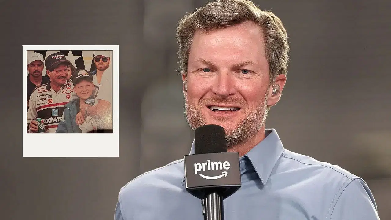 Dale Earnhardt Jr. and Dale Sr. (Background Image via Getty, Inset via @DaleJr on X)