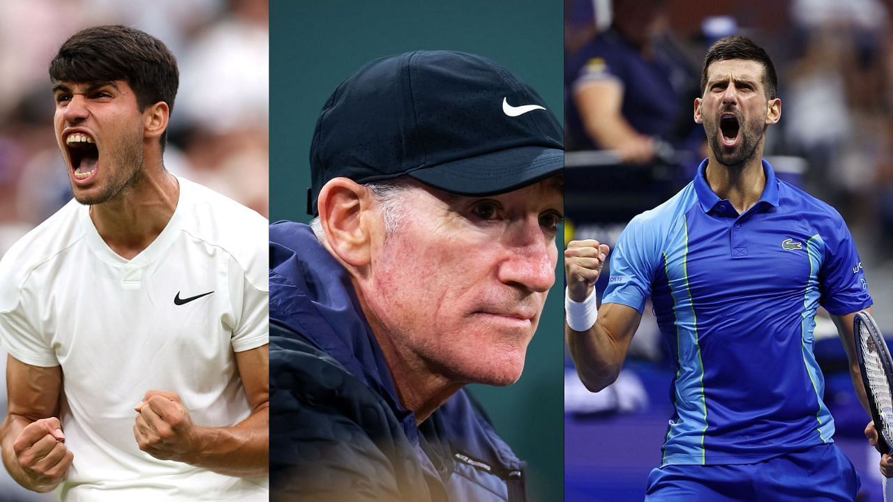 Carlos Alcaraz, Brad Gilbert and Novak Djokovic 