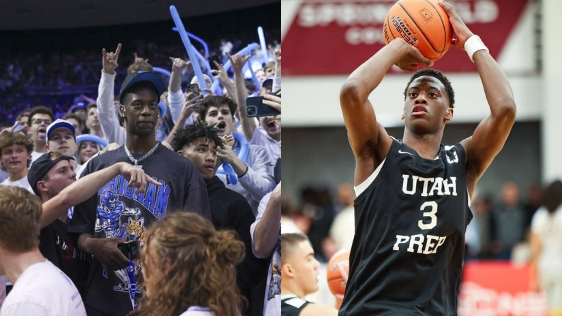 AJ Dybantsa with BYU fans; Dybantsa in action for Utah Prep. Source: Imagn