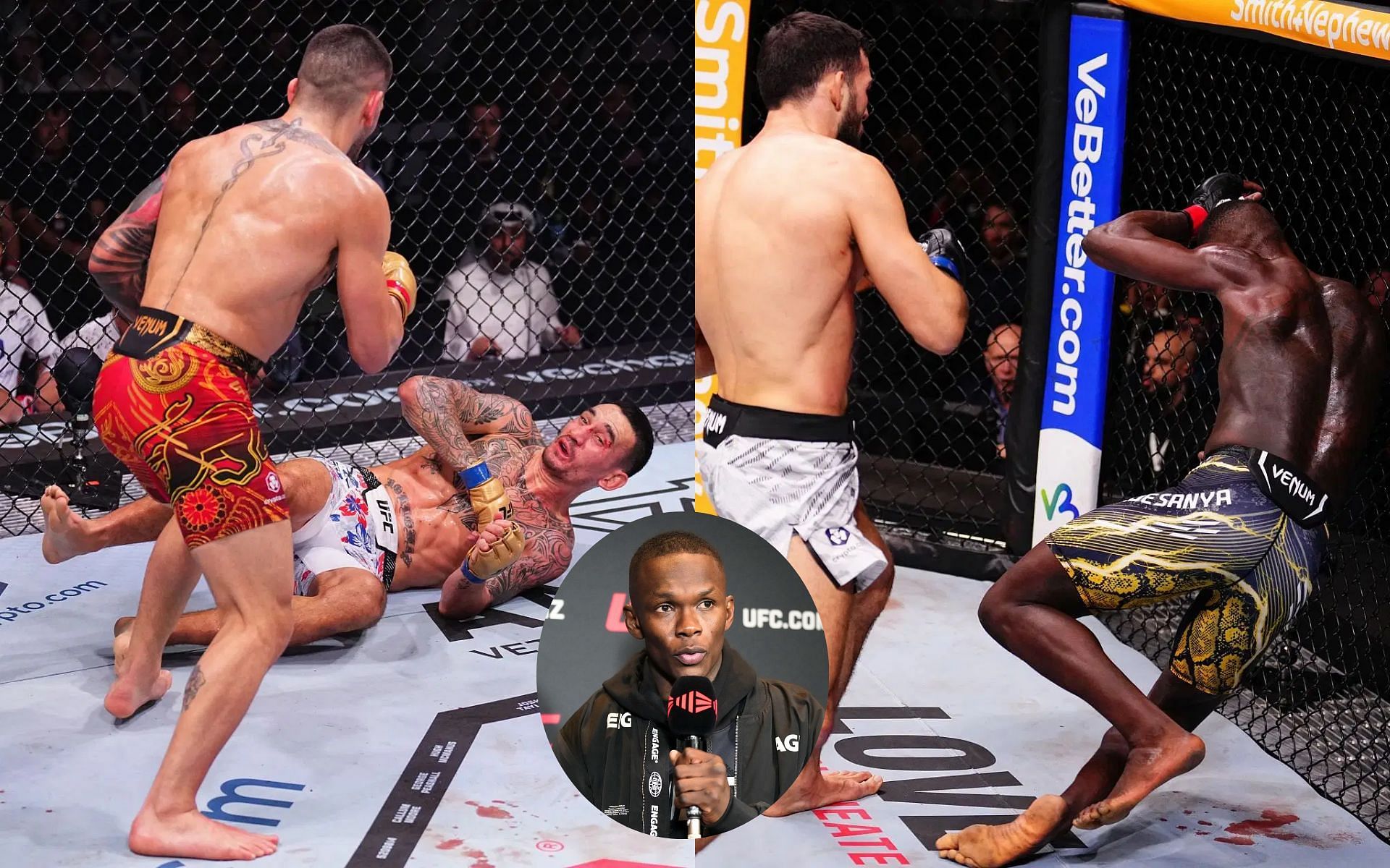Israel Adesanya (middle bottom) explains how his knockout loss to Nassourdine Imavov (right) was nearly-identical to Max Holloway