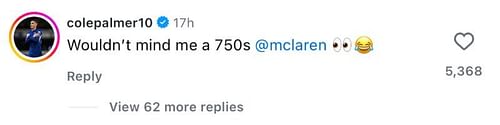 Cole Palmer's comment on McLaren's post