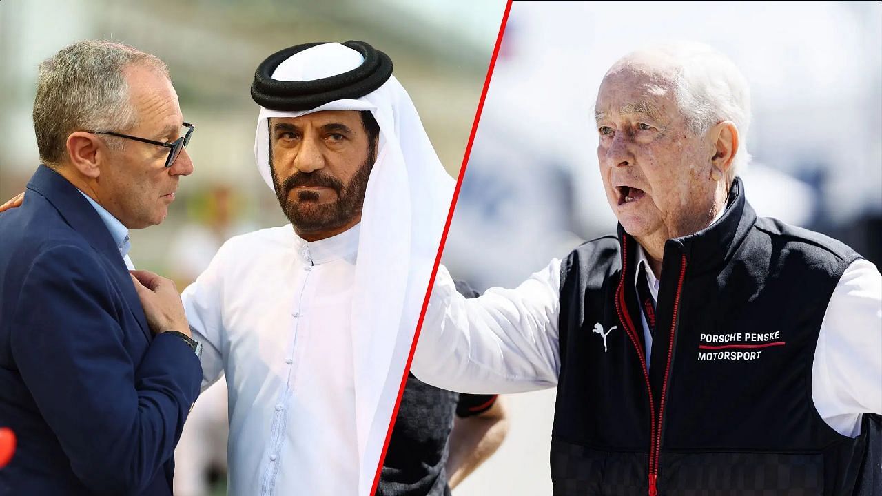F1 CEO Stefano Domenicali, FIA president Mohamed Ben Sulayem, and IndyCar owner Roger Penske | Image via Getty