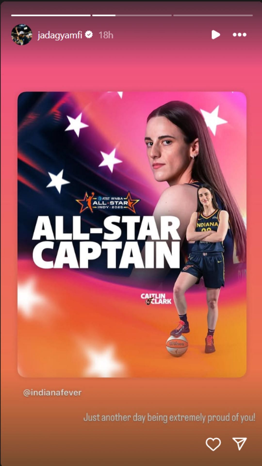 JADA GYAMFI ने IG कहानी पर WNBA ऑल-स्टार कैप्टन ऑनर के लिए कैटलिन क्लार्क को बधाई दी। @Jjjadagympi के माध्यम से छवि