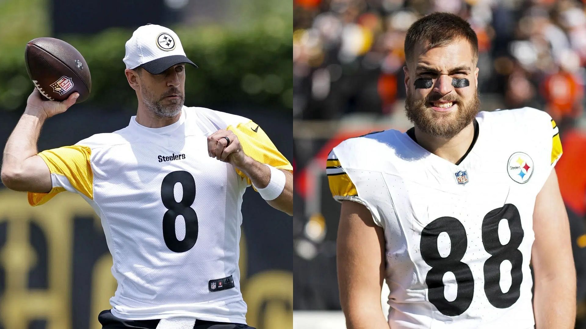 Pat Freiermuth praises Aaron Rodgers - via Getty/CMS