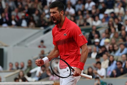 Djokovic celebrates a point at the French Open 2025 - Source: Getty