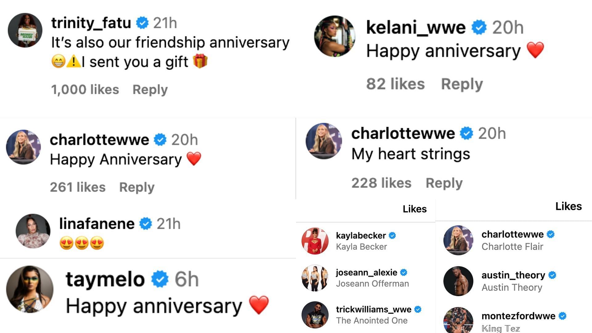 Flair, Jax, Naomi, and more stars react to Belair and Ford&#039;s anniversary post. [Image credit: Bianca Belair on Instagram]