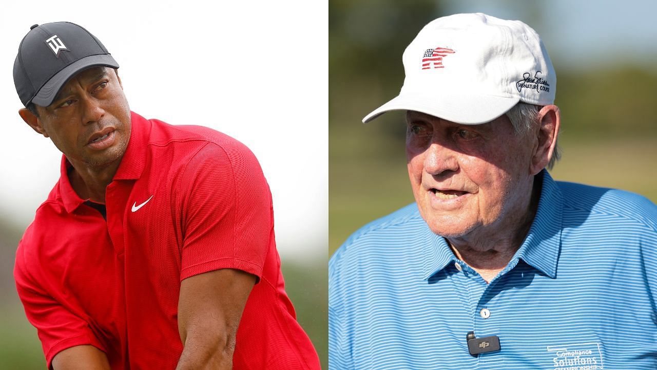 Fans react to a video comparing the stats of both golf legends Tiger Woods and Jack Nicklaus (Images via Getty)