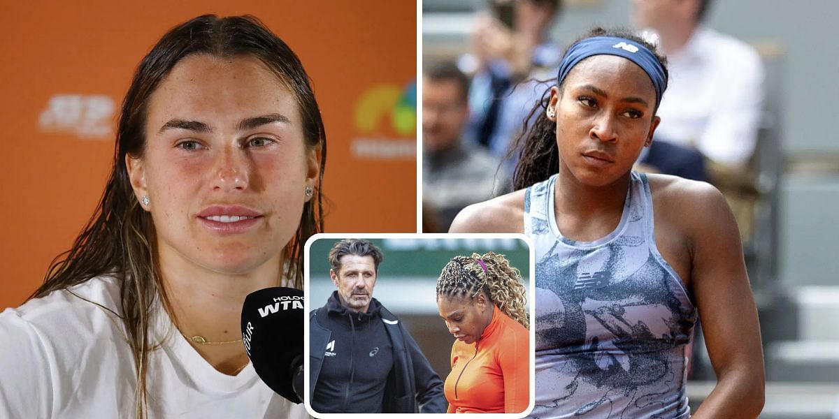 Aryna Sabalenka (left), Coco Gauff (right), Patrick Mouratoglou and Serena Williams (bottom center inset), Sources: Getty