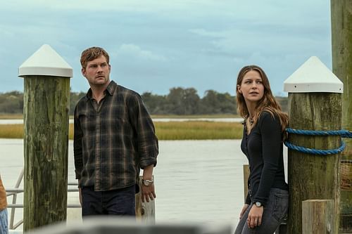 Jake Weary and Melissa Benoist film a dockside scene for The Waterfront in one of the show’s North Carolina filming locations. (Image via Netflix)