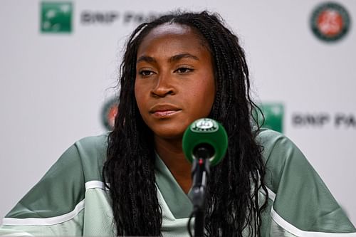 Coco Gauff at a press conference at the 2025 French Open (Source: Getty)