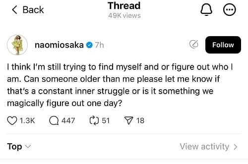 Screengrab from Naomi Osaka's Instagram @naomiosaka Thread