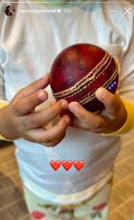 Jasprit Bumrah’s son poses with the fifer match ball (Image via Instagram-@sanjanaganesan)