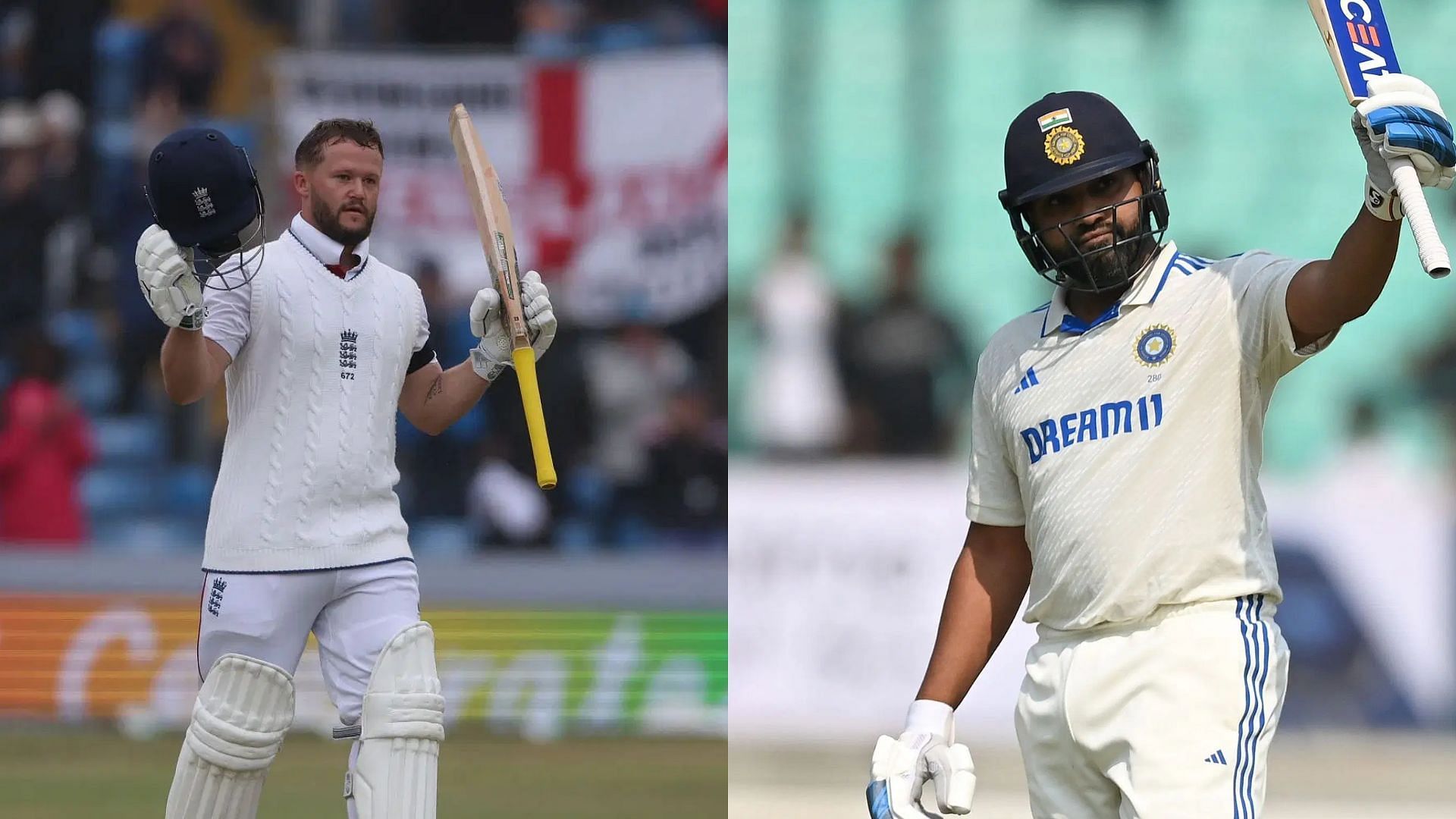 Comparison of Test stats of Ben Duckett and Rohit Sharma (Images via Getty)