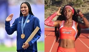 Tara Davis-Woodhall reacts to 16-year-old Clara Adams being stripped of her CIF State Championships title after fire-extinguisher celebration