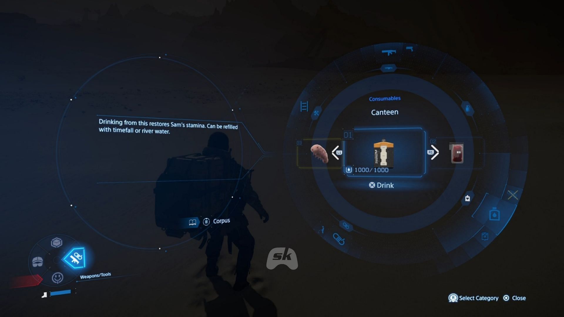 Drink water at Stranding 2 to restore endurance (image via SPORTSKEEDA GAMING || Sony Interactive Entertainment)