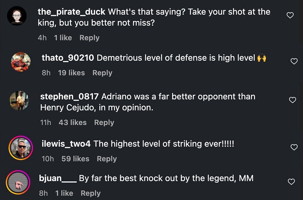 Fans&#039; comments on Demetrious Johnson&#039;s KO of Adriano Moraes. [Photo from ONE Championship&#039;s Instagram]