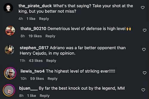Fans' comments on Demetrious Johnson's KO of Adriano Moraes. [Photo from ONE Championship's Instagram]