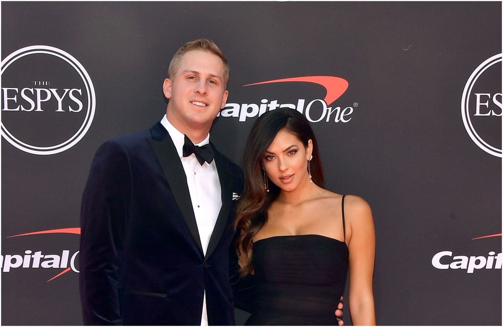 Jared Goff reacts as wife Christen Harper 