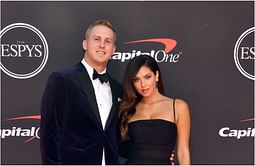 Jared Goff reacts as wife, Christen Harper, celebrates their unborn baby's arrival
