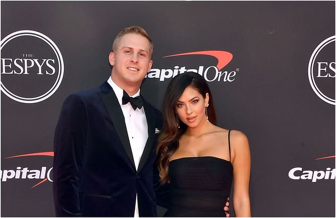 Jared Goff reacts as wife, Christen Harper, celebrates their unborn baby's arrival
