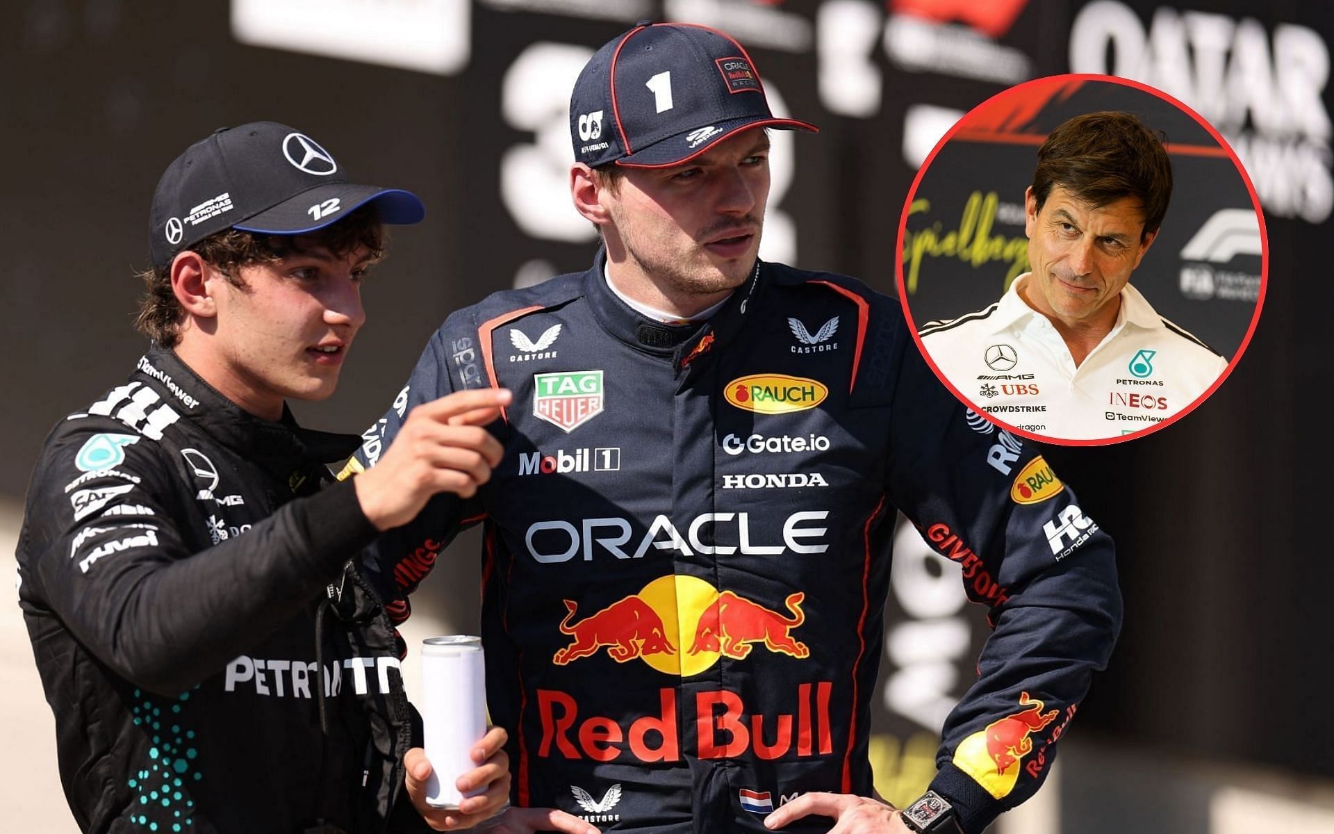Kimi Antonelli, Max Verstappen, and Toto Wolff