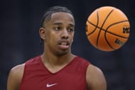 Derrion Reid #35 of the Alabama Crimson Tide looks on during a practice session ahead of their Sweet 16 game in the 2025 NCAA Tournament. Photo: Getty