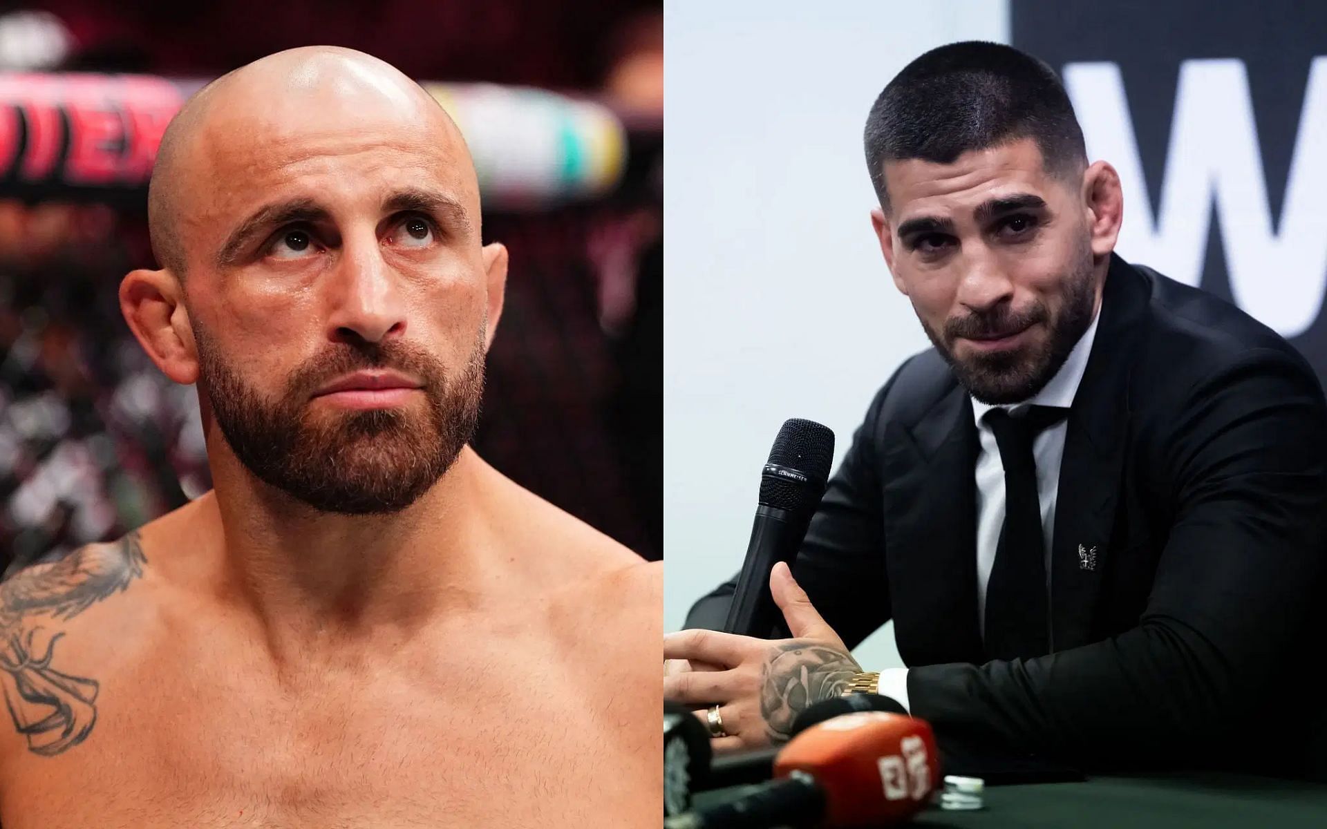 Alexander Volkanovski (left) weighs in on Ilia Topuria
