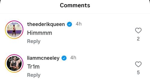 Derik Queen and Liam McNeeley reacted to Robert Wright's Instagram post. Source: Instagram/@robertwr1ght