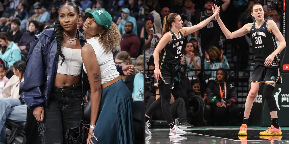 Coco Gauff (extreme left) and Sabrina Ionescu and Breanna Stewart (right). (Photos: Imagn)