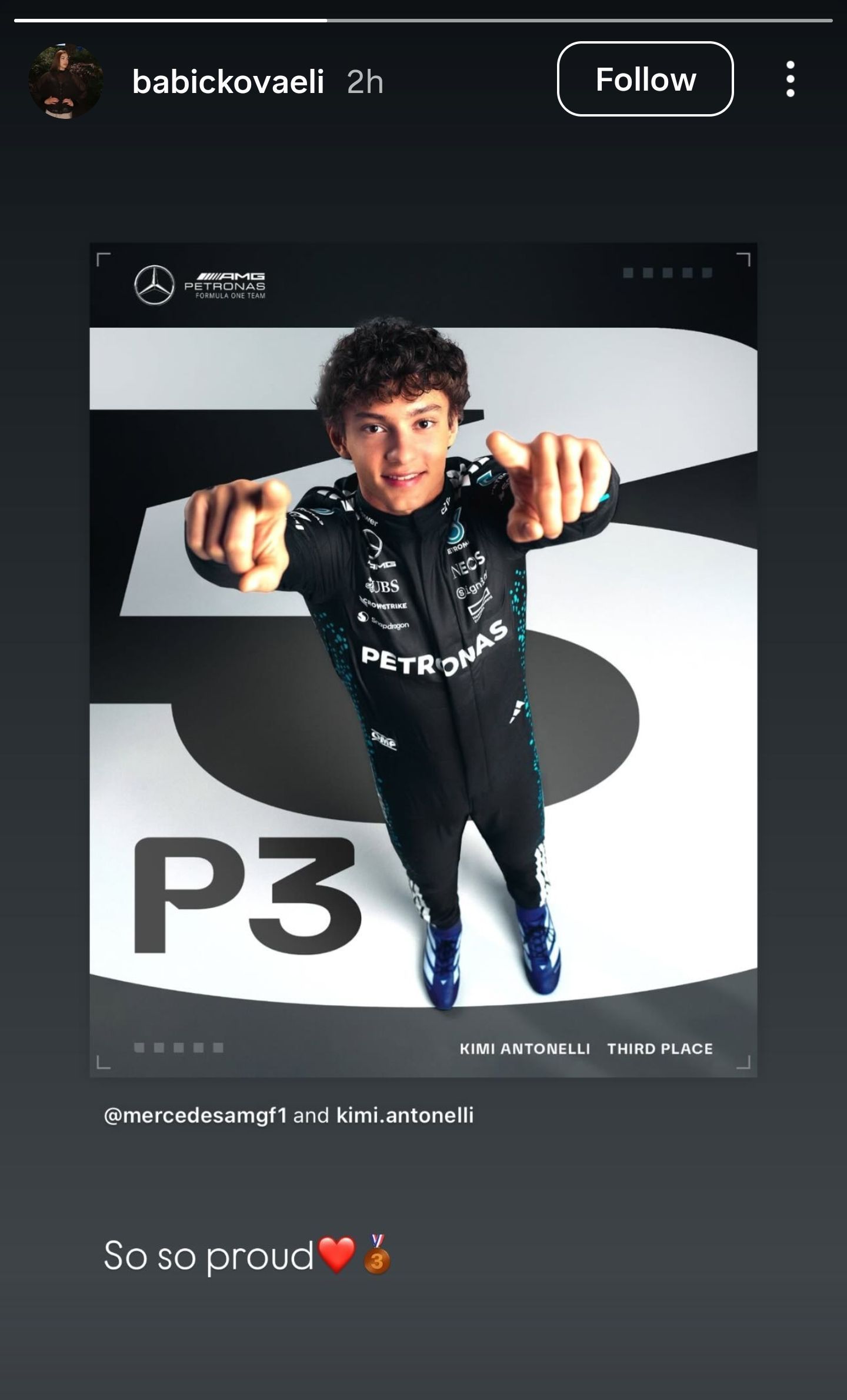 Kimi Antonelli's girlfriend leaves a three-word reaction to the Mercedes driver becoming the third podium finish at F1 3 A screenshot drawn from Eliska Babickova's Instagram story on June 15, 2025 - Credit: Babicickovaeli@Instagram