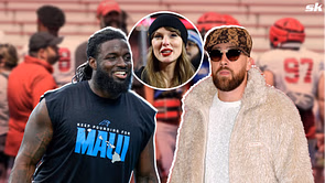 Taylor Swift photobombs Travis Kelce's picture with Raiders TE Ian Thomas from Tight End University event