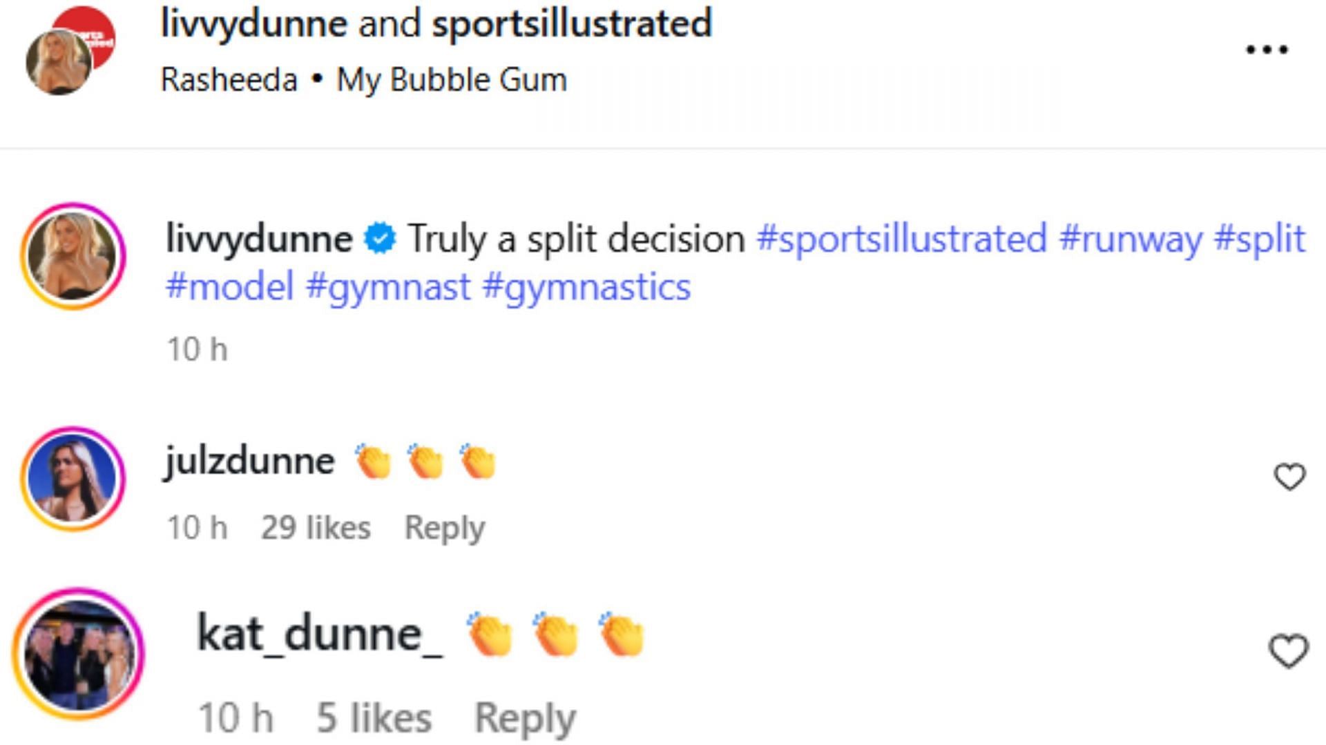 Screenshot of comments (image via IG/@livvydunne)
