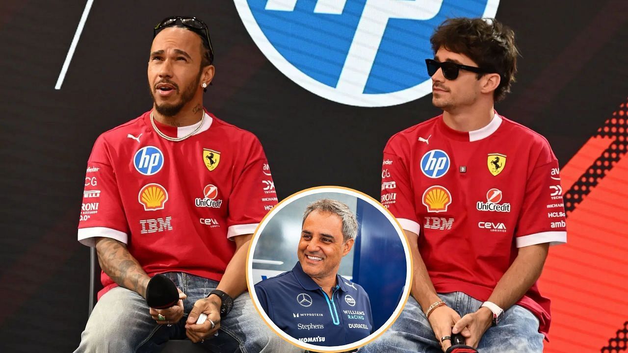 Ferrari driver Lewis Hamilton with teammate Charles Leclerc and F1 expert Juan Pablo Montoya [Image Source: Getty]