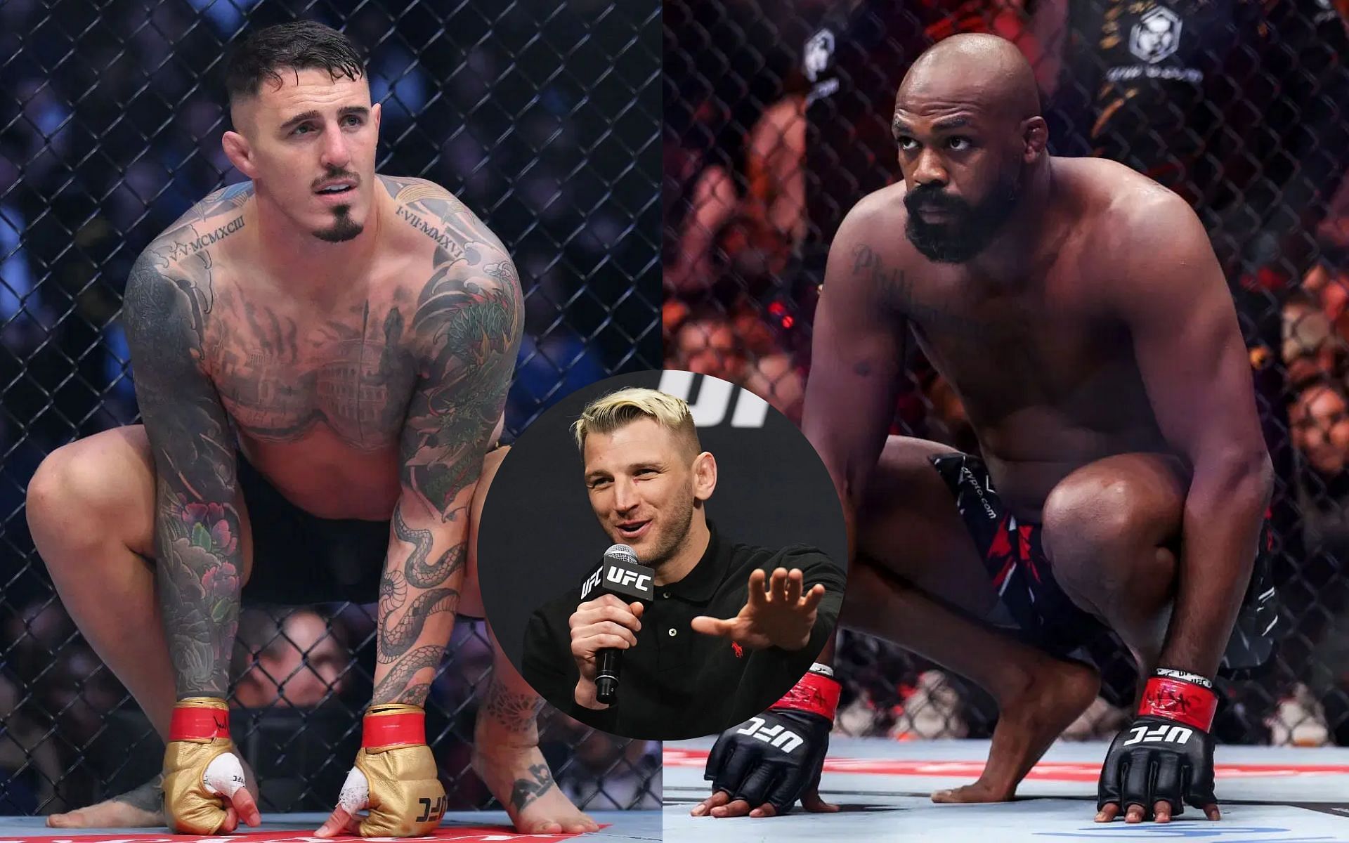 Dan Hooker (middle) believes Jon Jones (right) owes Tom Aspinall (left) nothing amid retirement controversy [Images courtesy: Getty Images]