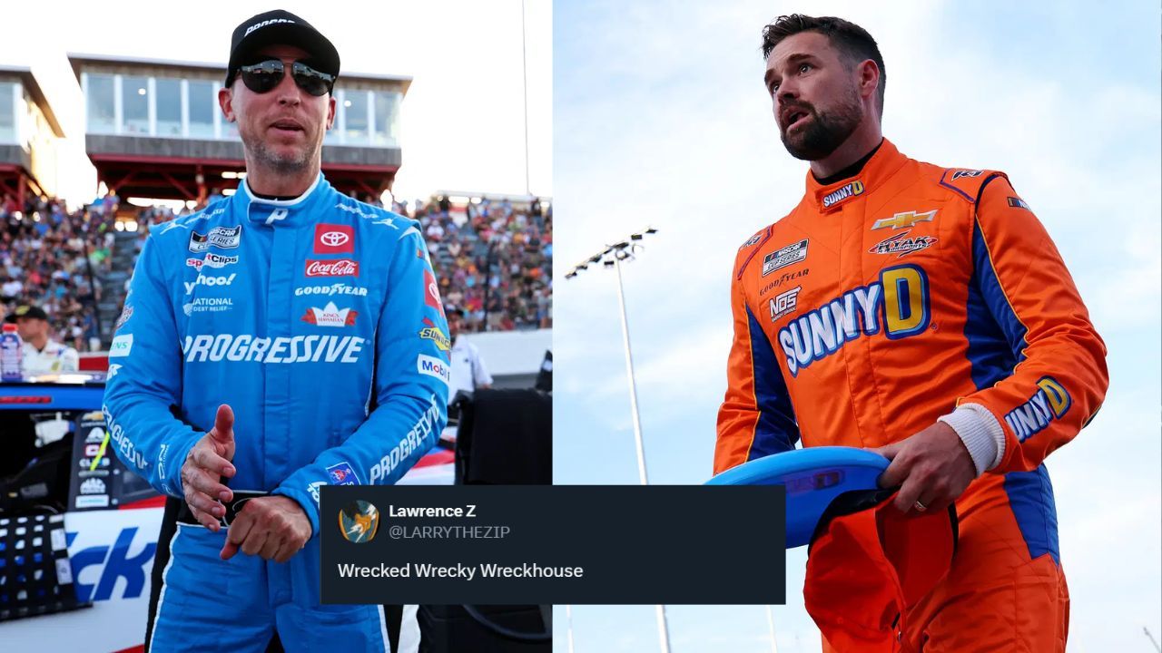 “Wrecked Wrecky Wreckhouse”: NASCAR fans erupt over Denny Hamlin’s hilarious ‘Freudian slip’ addressing Hocevar’s tangle with Ricky Stenhouse Jr.