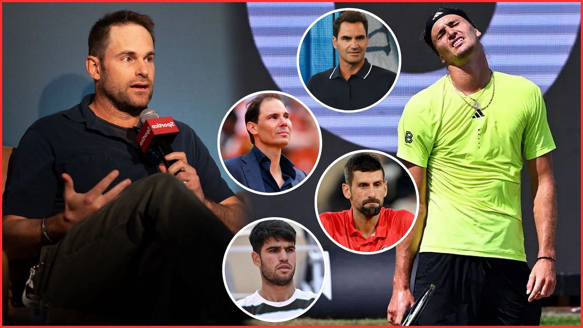 Andy Roddick, Roger Federer, Rafael Nadal, Novak Djokovic, Carlos Alcaraz and Alexander Zverev